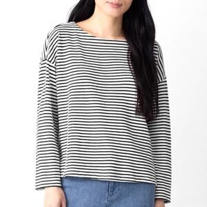 Eileen Fisher Women's Black White Striped Cotton Slub Bateau Neck Top Size M